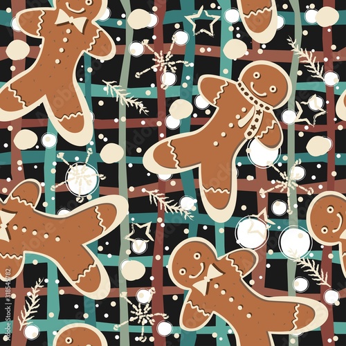 Cute Winter Seamless Pattern with gingerbread cookies. Vector Illustration.