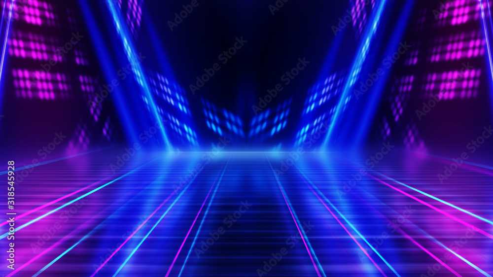 Abstract dark background with blue and pink neon glow. Neon luminous figure in the center of the stage. Light lines on a dark background, smoke, smog Abstract dark background with blue and pink neon glow. Neon luminous figure in the center of the stage. Light lines on a dark background, smoke, smog