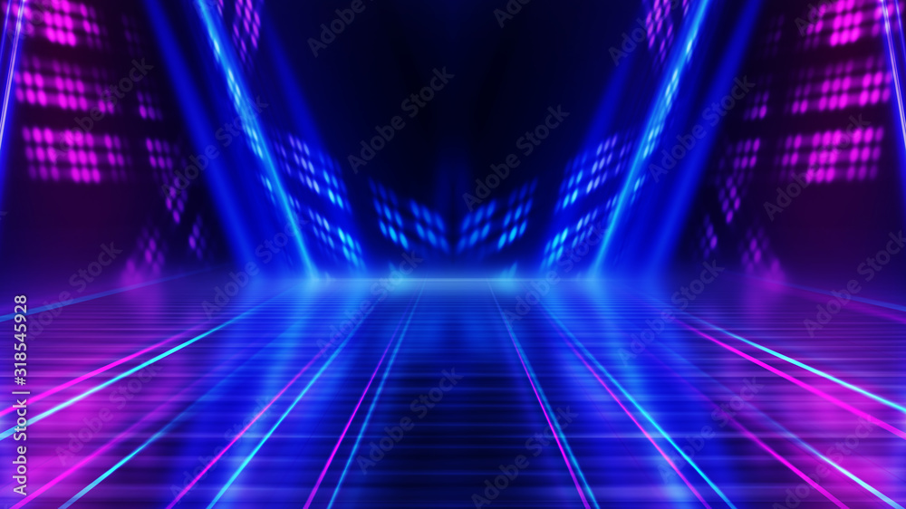 Abstract dark background with blue and pink neon glow. Neon luminous figure in the center of the stage. Light lines on a dark background, smoke, smog