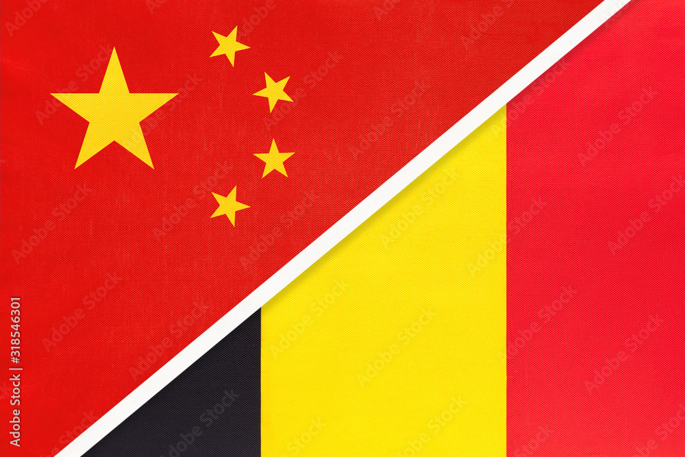 China or PRC vs Belgium national flag from textile. Relationship between asian and european countries. China or PRC vs Belgium national flag from textile. Relationship between asian and european countries.