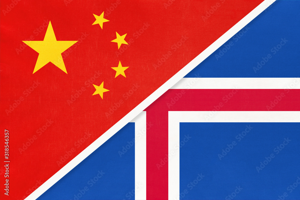 China or PRC vs Iceland national flag from textile. Relationship between asian and european countries. China or PRC vs Iceland national flag from textile. Relationship between asian and european countries.