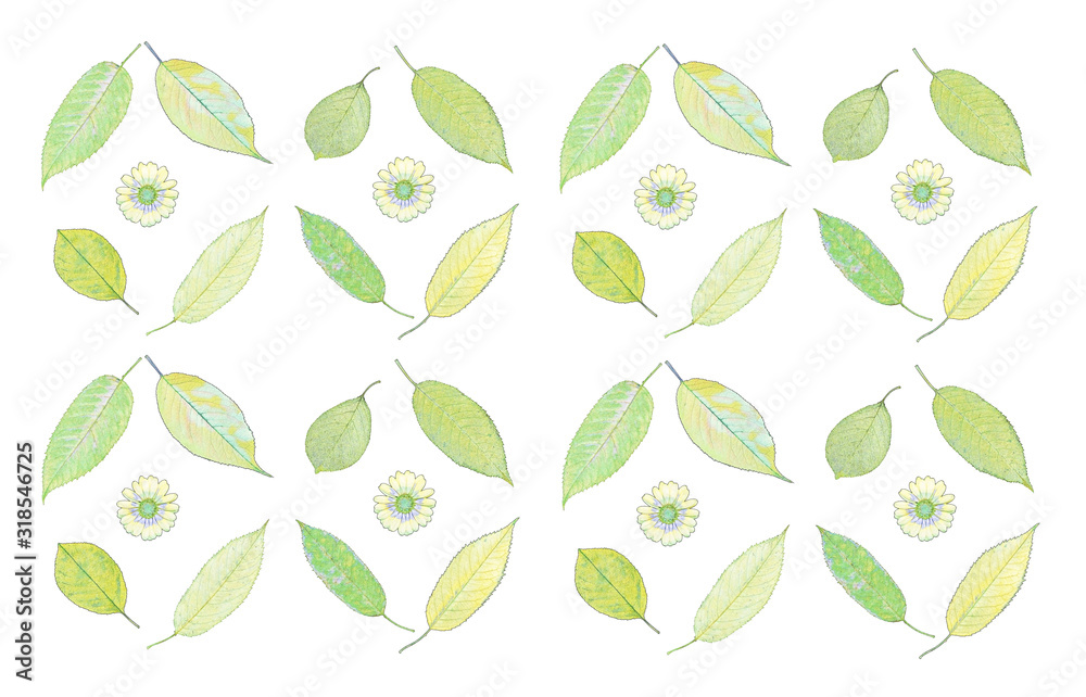 Floral pattern of autumn leaves on white background. Stylization fallen leaves. High detail. Can be used for wallpaper, pattern, art print, fabric etc.