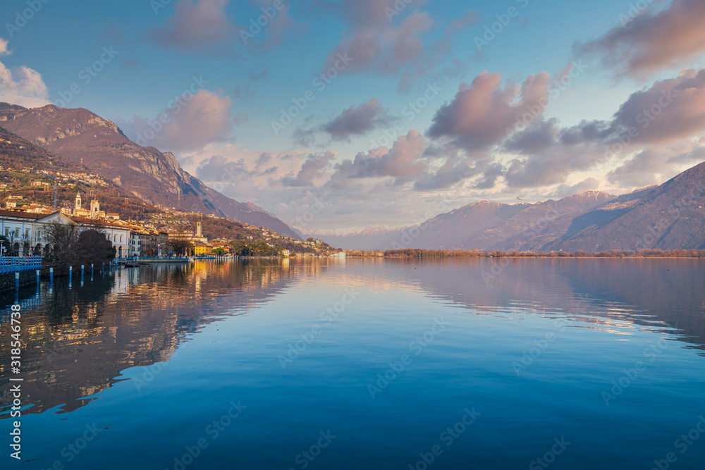 beautiful view of Iseo lake from the city of Lovere with copy space,Bergamo,Lombardy Italy.