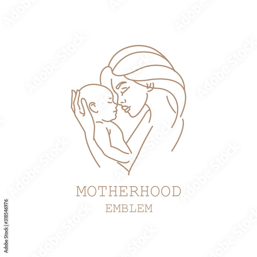 Logo design illustration in trendy linear style. Emblem of maternity - happy woman with baby. Natural and healthy motherhood illustration