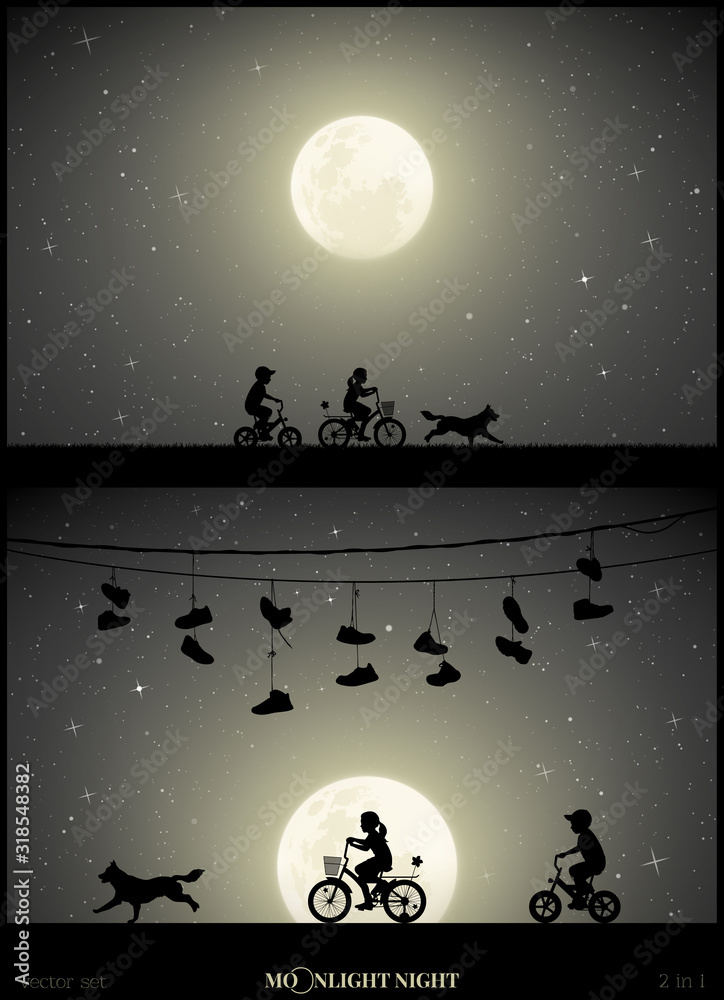 Naklejka premium Set of vector illustration with silhouettes of boy and girl on bikes on moonlit night. Children on bicycles and running dog. Shoes on wires. Full moon in starry sky