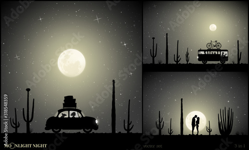 Set of vector illustration with silhouettes of people and retro cars on moonlit night. Camper between cactuses. Lovers in park. Landscape with cacti. Family road trip. Full moon in starry sky