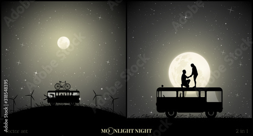 Set of vector illustration with silhouette of loving couple traveling in camper on moonlit night. Retro car between windmills. Romantic marriage proposal. Family road trip. Full moon in starry sky