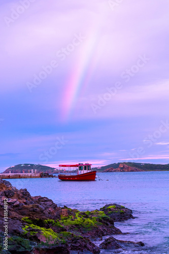 Rainbow Over A Tugboat From A Rocky Shore, St. Thomas, Virgin Islands, Caribbean Sea, Oceanscape, Vacation Destination, Landscape Photography, Outdoor Scenery, Colorful Sky, Nautical Travel