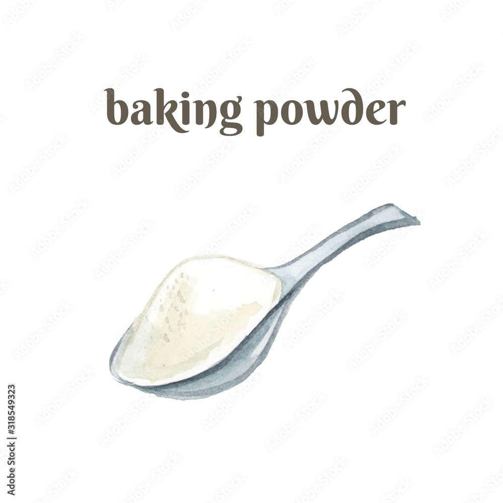 Baking powder on a metal spoon. Watercolor hand drawn illustration isolated on white background. Baking powder on a metal spoon. Watercolor hand drawn illustration isolated on white background.