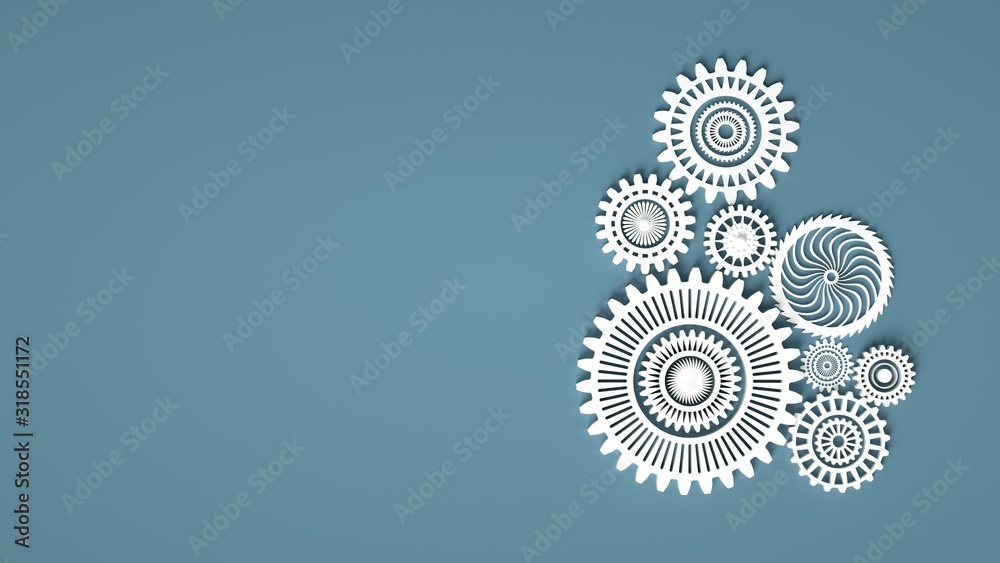 3d illustration of white gears composition with copy space. Cogwheels for websites or business design banners. Construction or minimal concept 3d render. 3d illustration of white gears composition with copy space. Cogwheels for websites or business design banners. Construction or minimal concept 3d render.