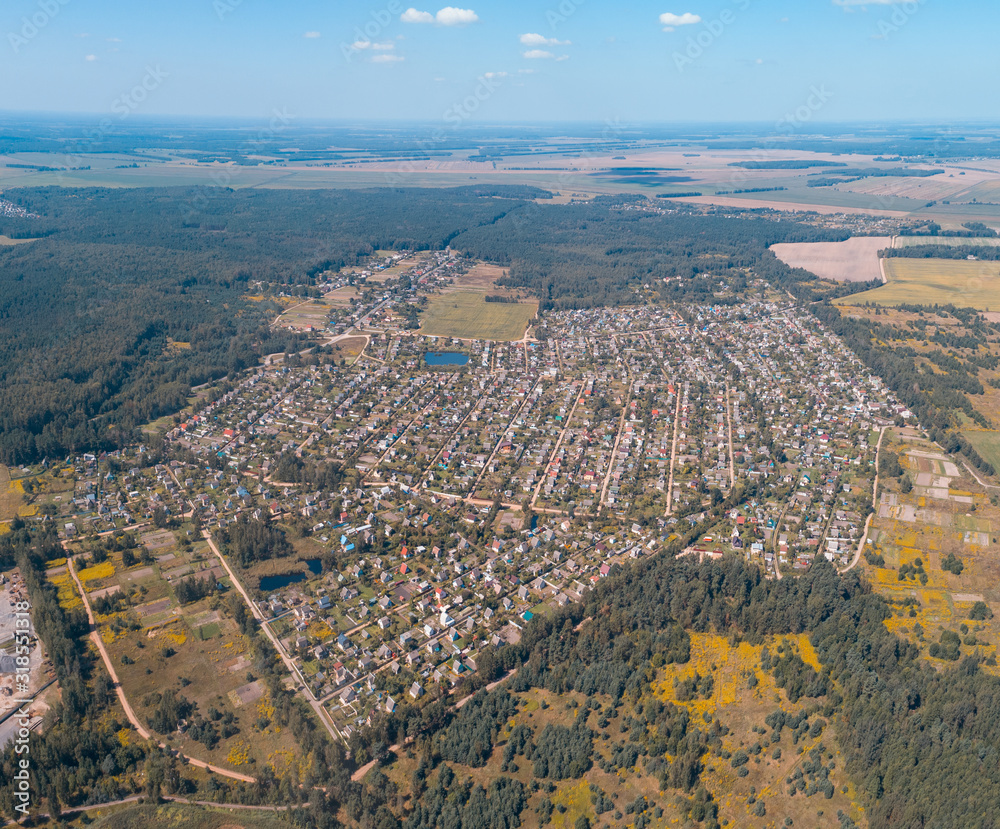 The village, lots of houses and streets, around the forest, view from above