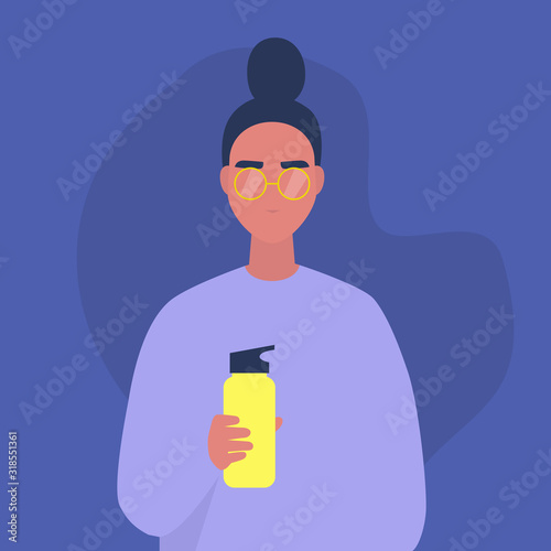 A portrait of a young female character drinking water from a metal reusable flask, heathy eco habits