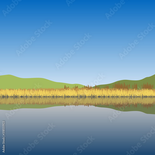 Nature landscape. Lake, hills, reeds, trees. Vector illustration.