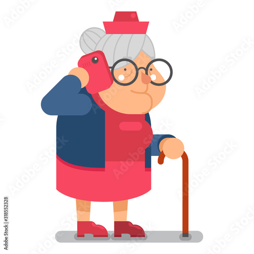 Communication granny with smartphone talking old lady character cartoon flat design vector illustration