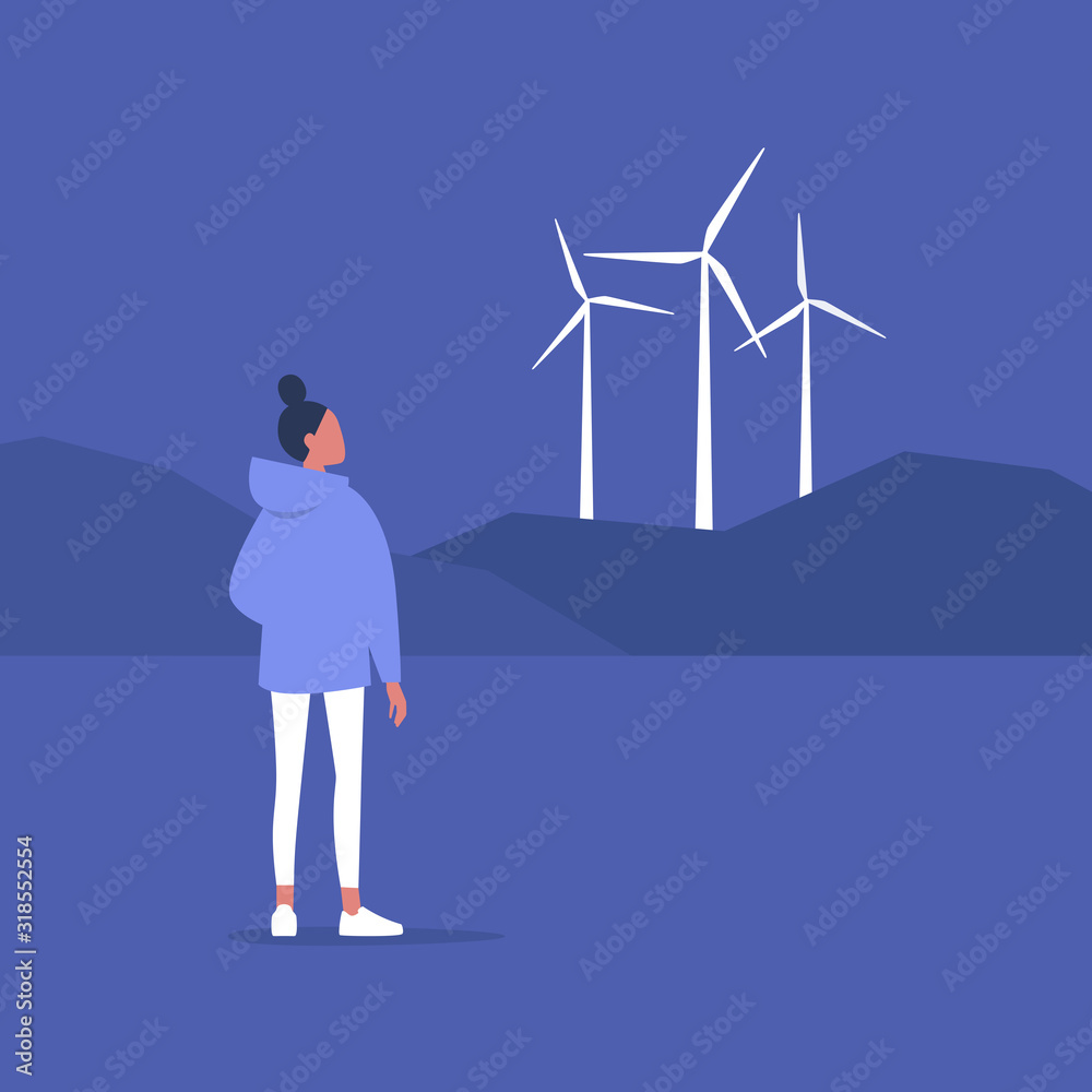 Renewable energy source, young female character looking at the wind turbines on the horizon, Eco friendly responsible behaviour, sustainability Renewable energy source, young female character looking at the wind turbines on the horizon, Eco friendly responsible behaviour, sustainability