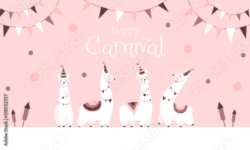 Happy Carnival - Süße abstrakte Lamas feiern Karneval, rosa Hintergrund, Banner
