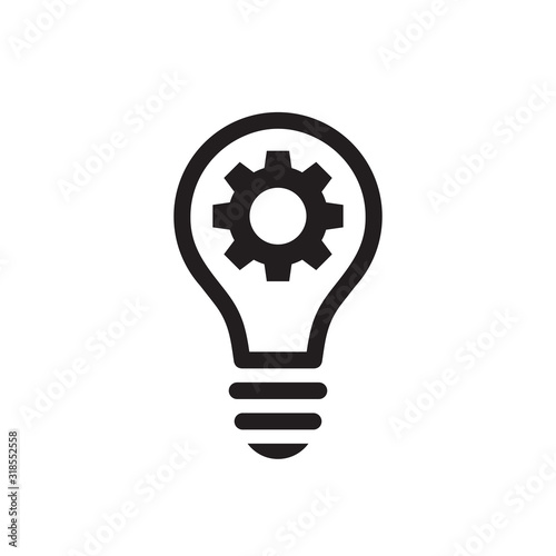 Lightbulb with gear cog concept black icon design. SEO business sign. solution symbol. Cogwheel electric lamp. Vector illustration. 