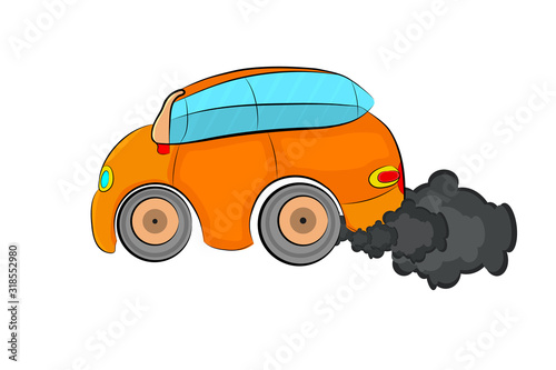 Car and smoke isolated on white background. Car air pollution. Car producing a cloud of air pollution. Vehicle toxic pollution, polluted air or environment car waste hazard. City road smog. Vector