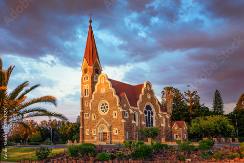 Sunset above Christchurch, a historic lutheran church in Windhoek, Namibia