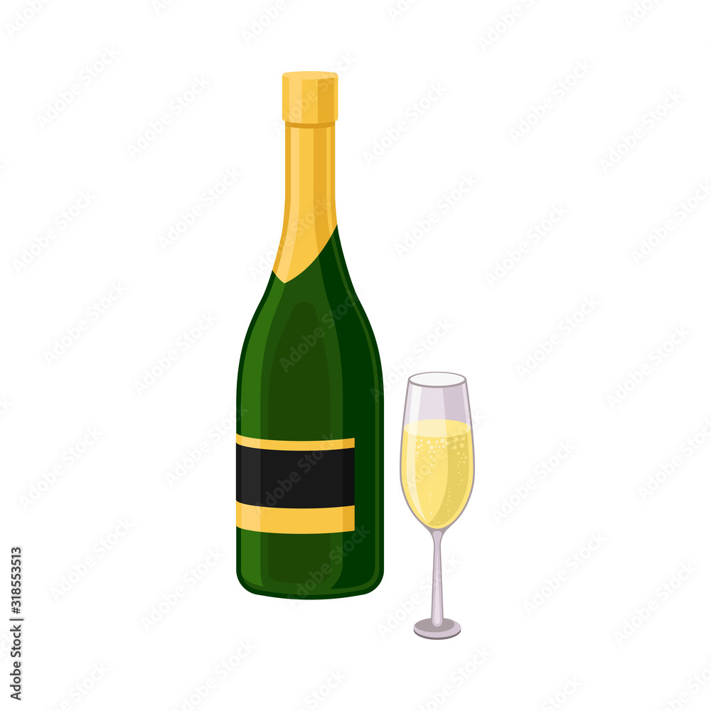 Champagne Bottle with Full Wineglass Standing Next to It Vector Illustration Champagne Bottle with Full Wineglass Standing Next to It Vector Illustration