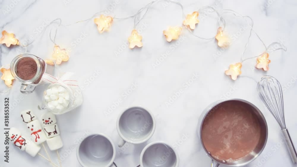 Flat lay. American hot chocolate with marshmallow toppings. Flat lay. American hot chocolate with marshmallow toppings.