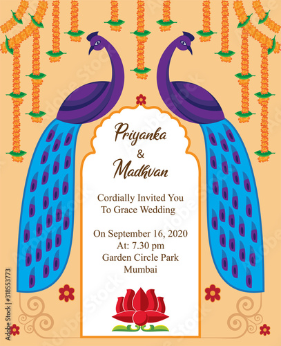 indian wedding card invitation design template with decorative peacock vector