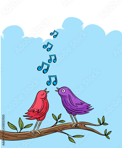 hand drawn couple birds singing on branch colored vector