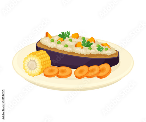 Eggplant Stuffed with Rice and Vegetables Served on Plate Vector Illustration