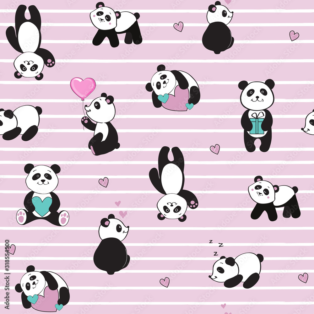 Seamless pattern for children with cute pandas on a pink background