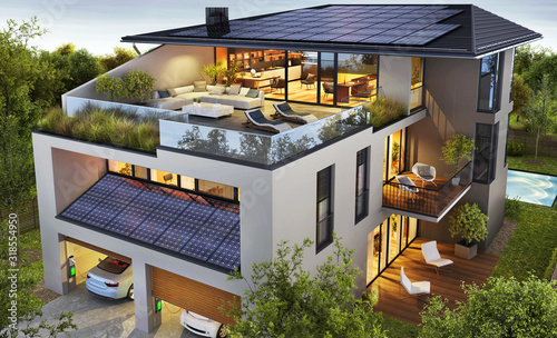 Luxurious house with a rooftop terrace and solar panels. Low energy home and electric car photo