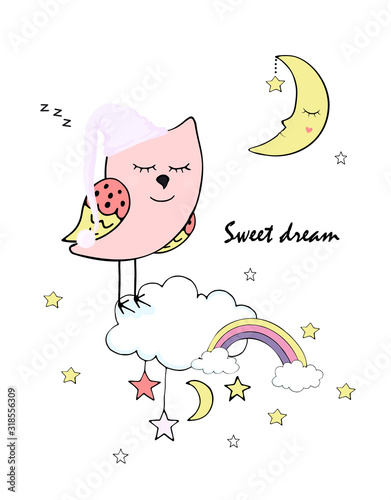 Sleeping owl in a nightcap on a cloud with moon stars in a children's cartoon style colorful hand drawing in white