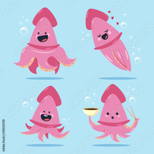 Cute squid vector cartoon characters set isolated on background.