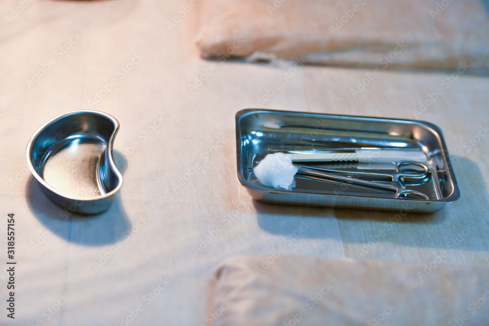 Medical instruments on the surgical table. Teaching medicine. Rescue operation.