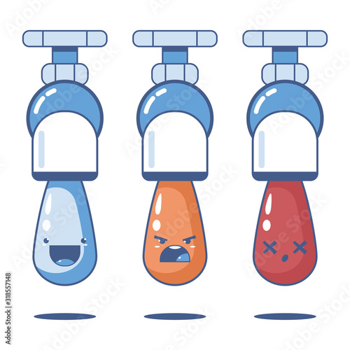 Dirty and pure water droplet characters vector cartoon set isolated on a white background.