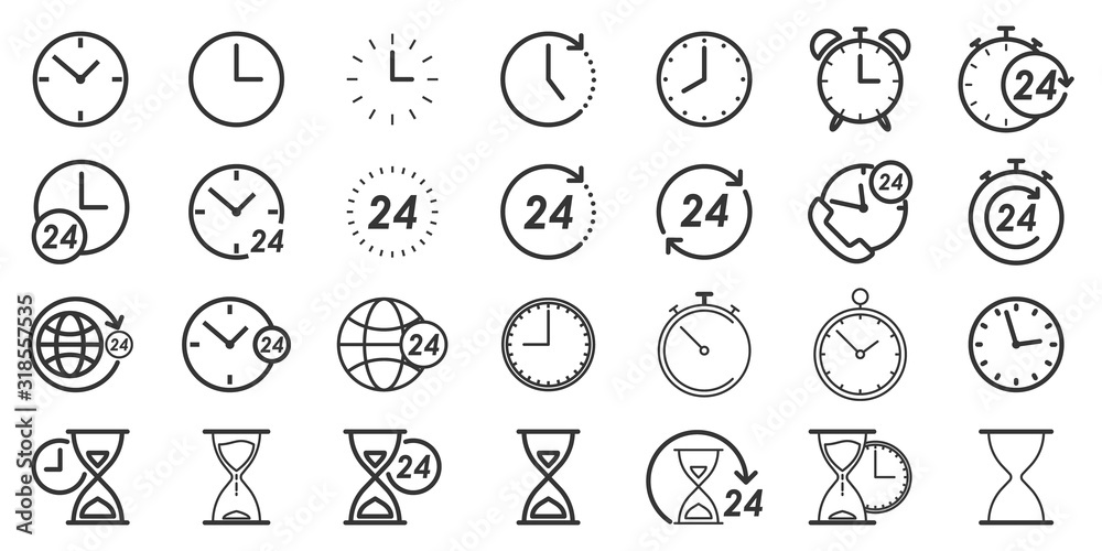 Vector Time and Clock icons in thin line style. Vector Time and Clock icons in thin line style.