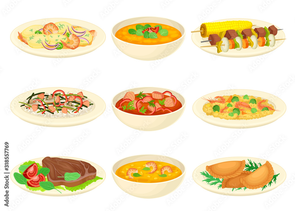 Brazilian Dishes or Main Courses Served on Plates Side View Vector Illustrations Set Brazilian Dishes or Main Courses Served on Plates Side View Vector Illustrations Set