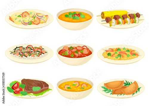 Brazilian Dishes or Main Courses Served on Plates Side View Vector Illustrations Set