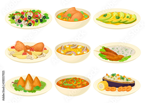 Brazilian Dishes or Main Courses Served on Plates Side View Vector Illustrations Set