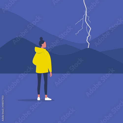Thunderstorm, weather and nature. Young female character looking at the lightning, flat vector illustration