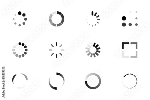 Set of Loading icons. Indicator for the loading process. Load upload download round process. Website loading. Load. Progress bar for upload download round process. Load sign symbol progress