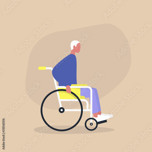 Disability in a daily life, Young disabled male character sitting in a wheelchair