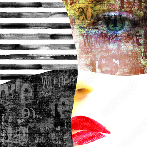 Gemengde media. Hedendaagse kunst mode vrouw portret. Mooi vrouwelijk gezicht