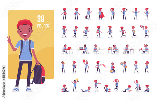 Black school boy in casual wear character set. Cute small guy with rucksack, active young kid, smart elementary pupil in study and entertainment. Full length, different view, gestures, emotions, poses