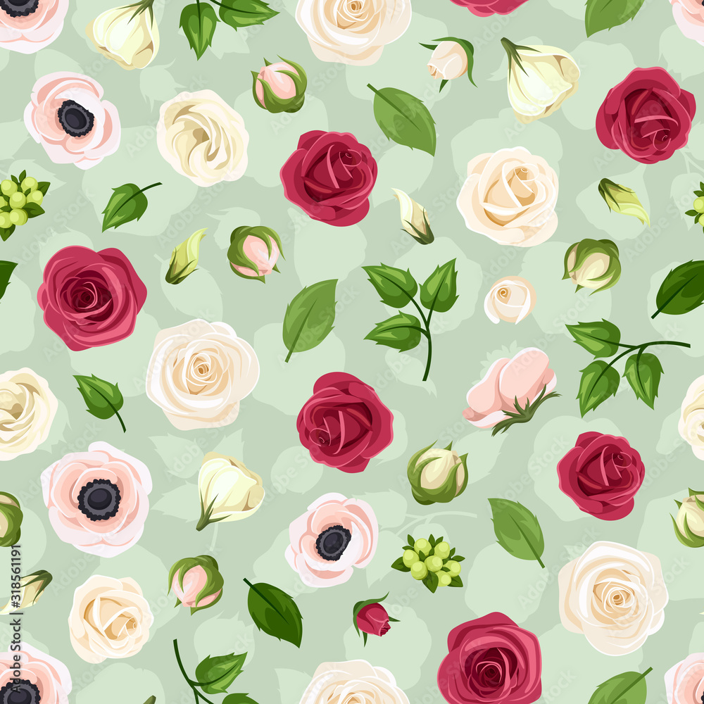 Vector seamless pattern with red, pink and white roses, lisianthuses and anemone flowers on a green background.