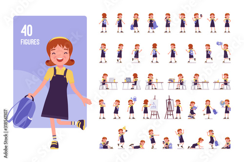 School girl in casual wear character set. Cute small lady with rucksack, active young kid, smart elementary pupil in study and entertainment. Full length, different view, gestures, emotions, poses