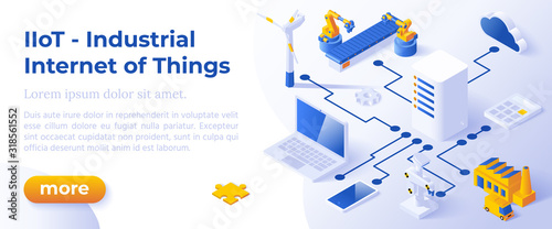 INDUSTRIAL INTERNET OF THINGS IIoT - Isometric Design in Trendy Colors Isometrical Icons of Various Electronic and Industrial Devices on Blue Background. Banner Layout Template for Website Development