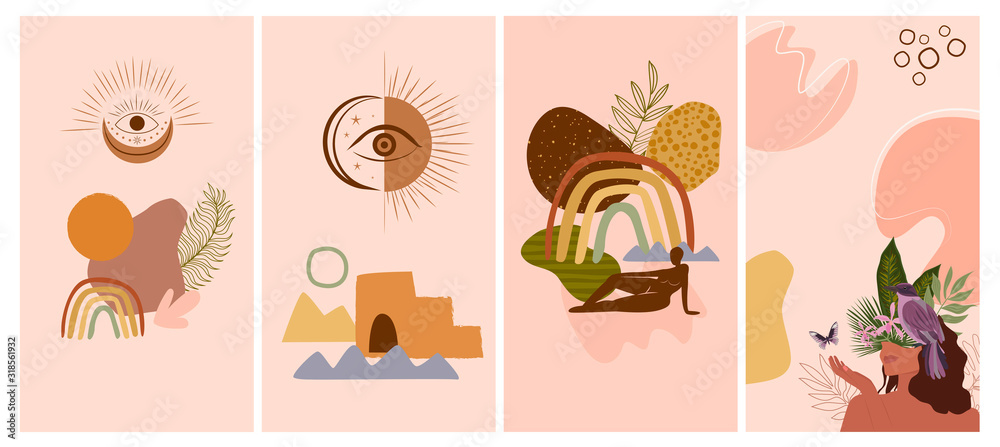 Set of various abstract vertical background for mobile app and social media content with abstract shape,esoteric symbol, Eye of Horus and paradise woman portrait minimalist style. Vector Illustration Set of various abstract vertical background for mobile app and social media content with abstract shape,esoteric symbol, Eye of Horus and paradise woman portrait minimalist style. Vector Illustration