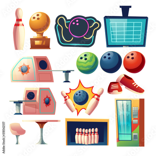 Bowling club equipment icons, design elements set isolated on white background. Ball, skittle, score monitor, desk with chair, golden trophy, coffee table, sneakers, fridge Cartoon vector illustration