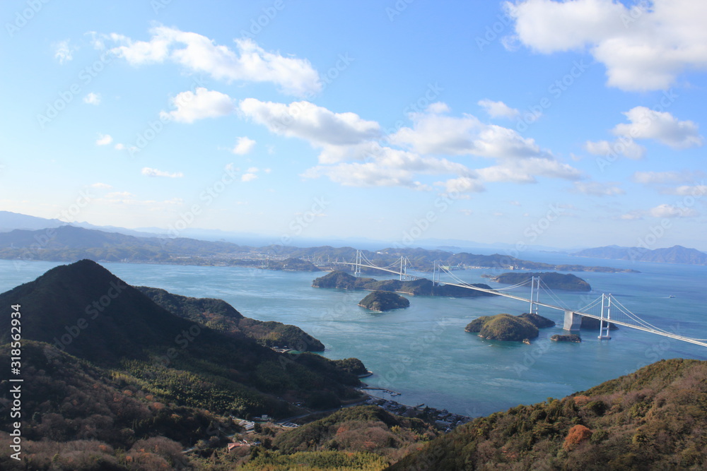 view of the coast with long stylish bridge in Japan