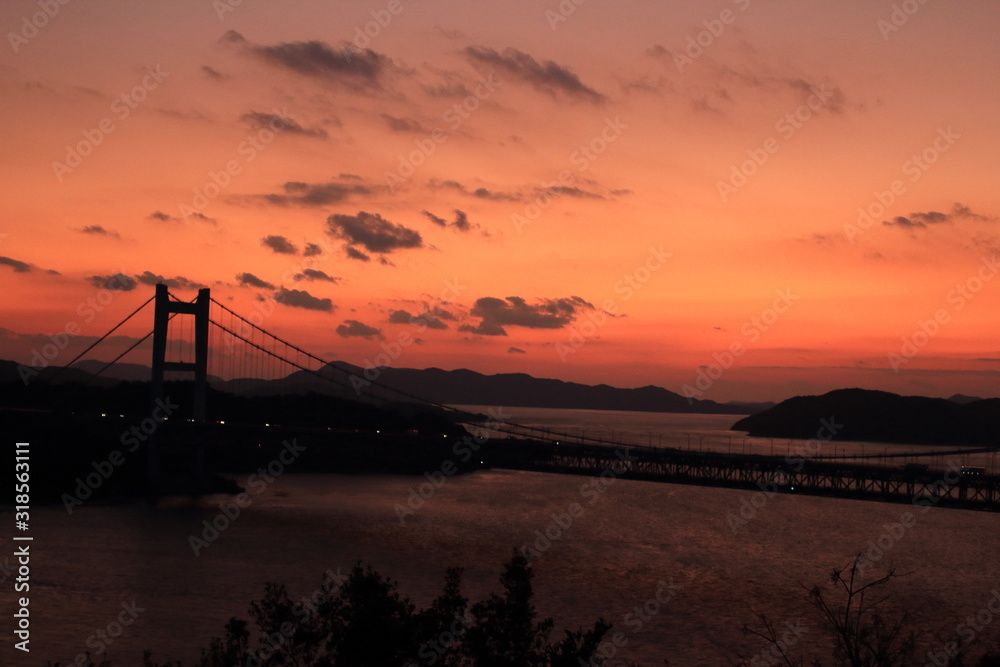 Beautiful sunset with a bridge at Shikoku in Japan 